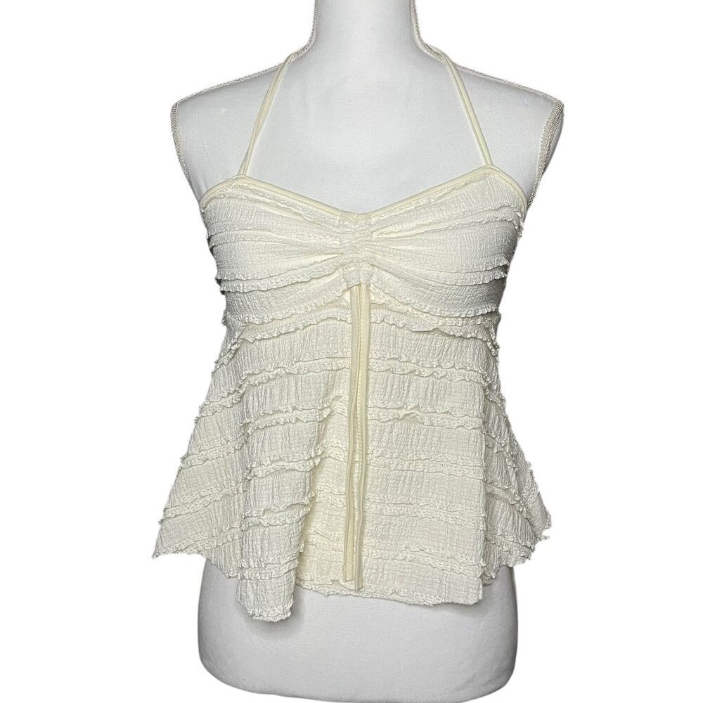 Joocy Babi Women S Smocked Ruffle Halter Top Cream Boho Cottage Fairy Preppy Y2K